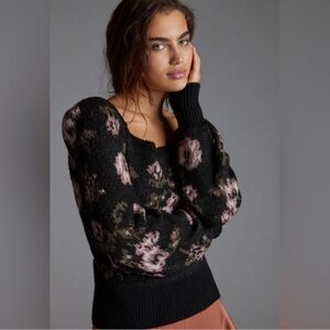 Anthropologie square neck floral sweater in black size XS